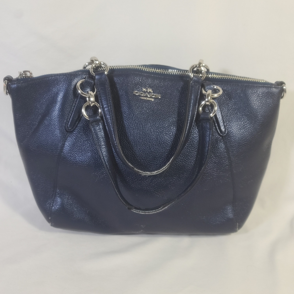 Coach F1748 Small Kelsey Satchel Blue Metallic Pebble Leather Purse